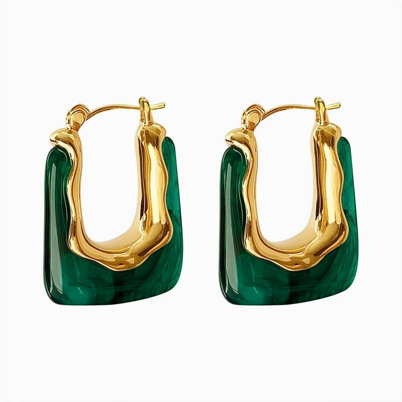 Natural Jade Green and Gold U-Shaped Luxury Dangle Earrings