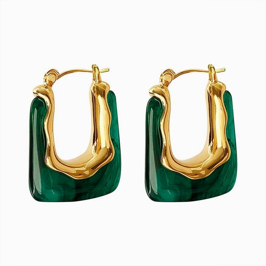 Natural Jade Green and Gold U-Shaped Luxury Dangle Earrings