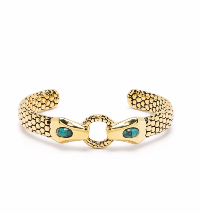 Serpentine Splendor Gold Cuff Bracelet with Emerald Green Gemstone Accents | Tsukuba Jewelry