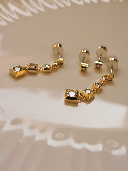 Geometric Gold Earrings Set with Cascading Diamonds | Tsukuba Jewelry