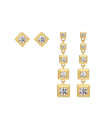 Geometric Gold Earrings Set with Cascading Diamonds | Tsukuba Jewelry