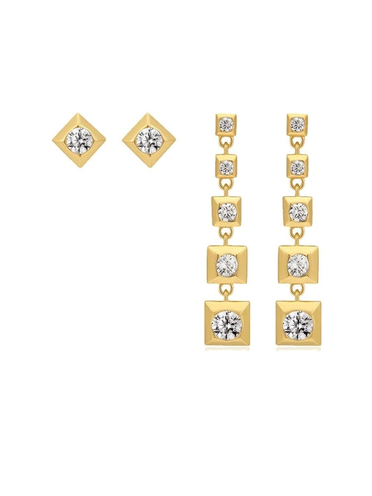 Geometric Gold Earrings Set with Cascading Diamonds | Tsukuba Jewelry