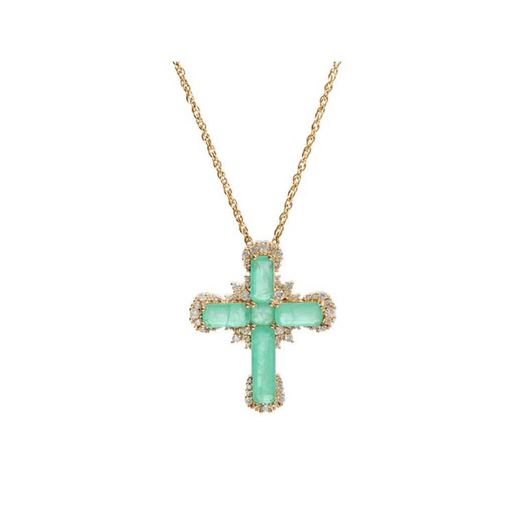 Regal Cross Pendant Diamond Necklace with Emerald Green Gemstones in Gold Chain| Tsukuba Jewelry