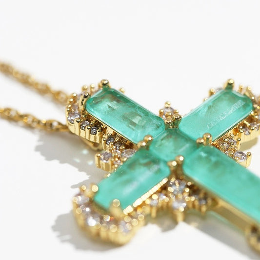 Regal Cross Pendant Diamond Necklace with Emerald Green Gemstones in Gold Chain| Tsukuba Jewelry