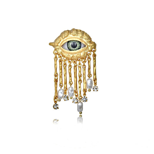 Unique Eye Motif Crystal and Natural Pearl Dangle Ring 18k Gold | Tsukuba Jewlry