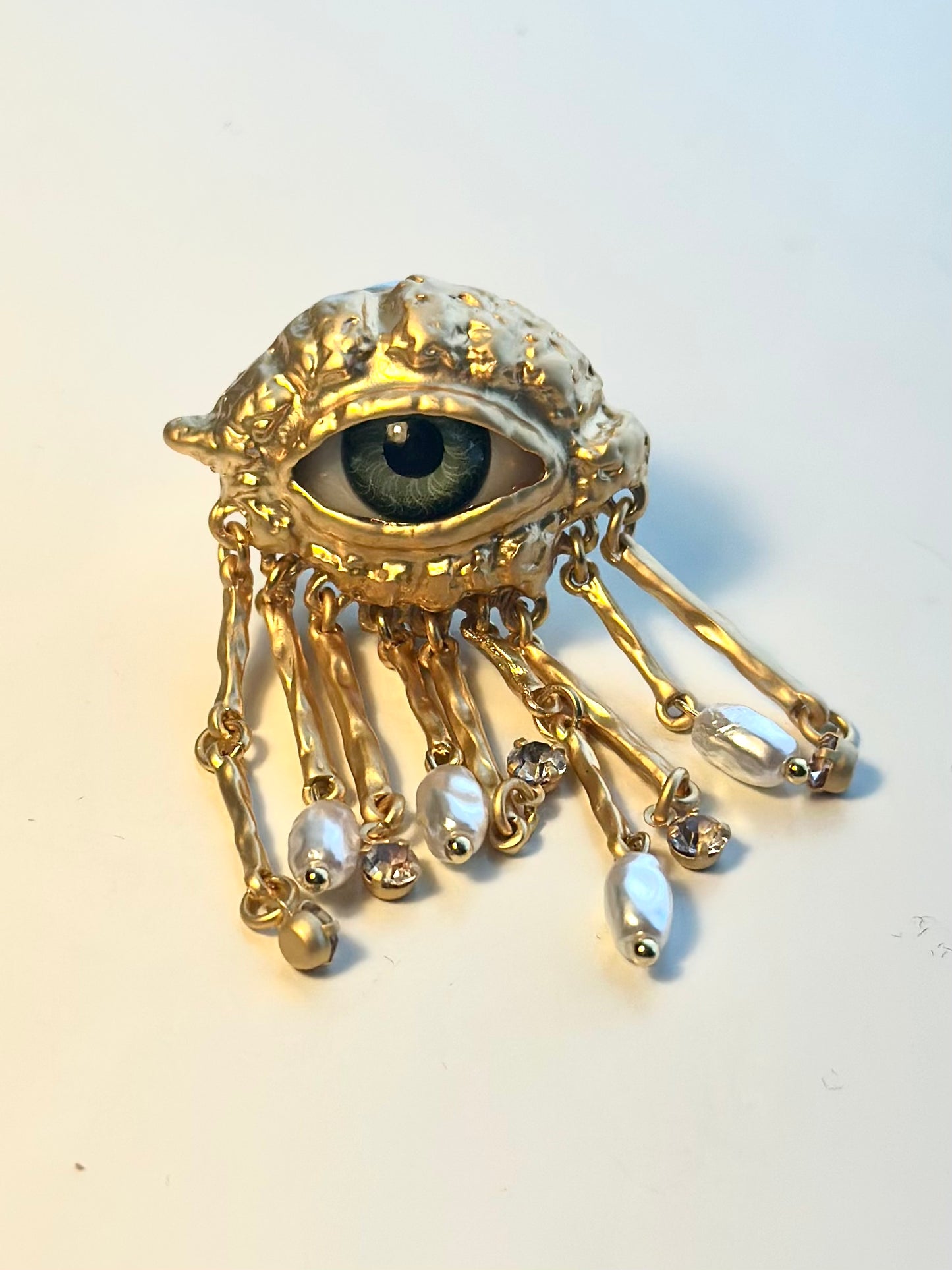 Unique Eye Motif Crystal and Natural Pearl Dangle Ring 18k Gold | Tsukuba Jewlry