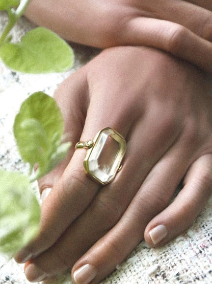 Modern Gold Emerald-cut Rock Crystal Statement Ring Boho-chic | Tsukuba Jewelry