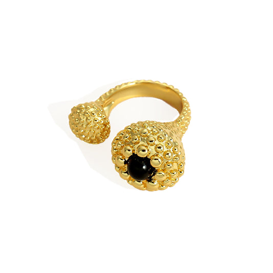 Sculptural Gold Open Ring with Black Onyx Bead Vintage Style | Tsukuba Jewelry