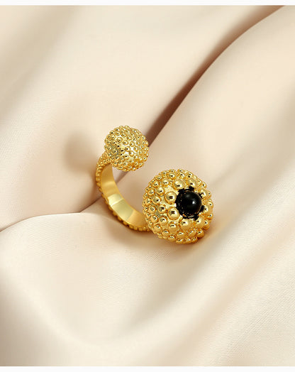 Sculptural Gold Open Ring with Black Onyx Bead Vintage Style | Tsukuba Jewelry